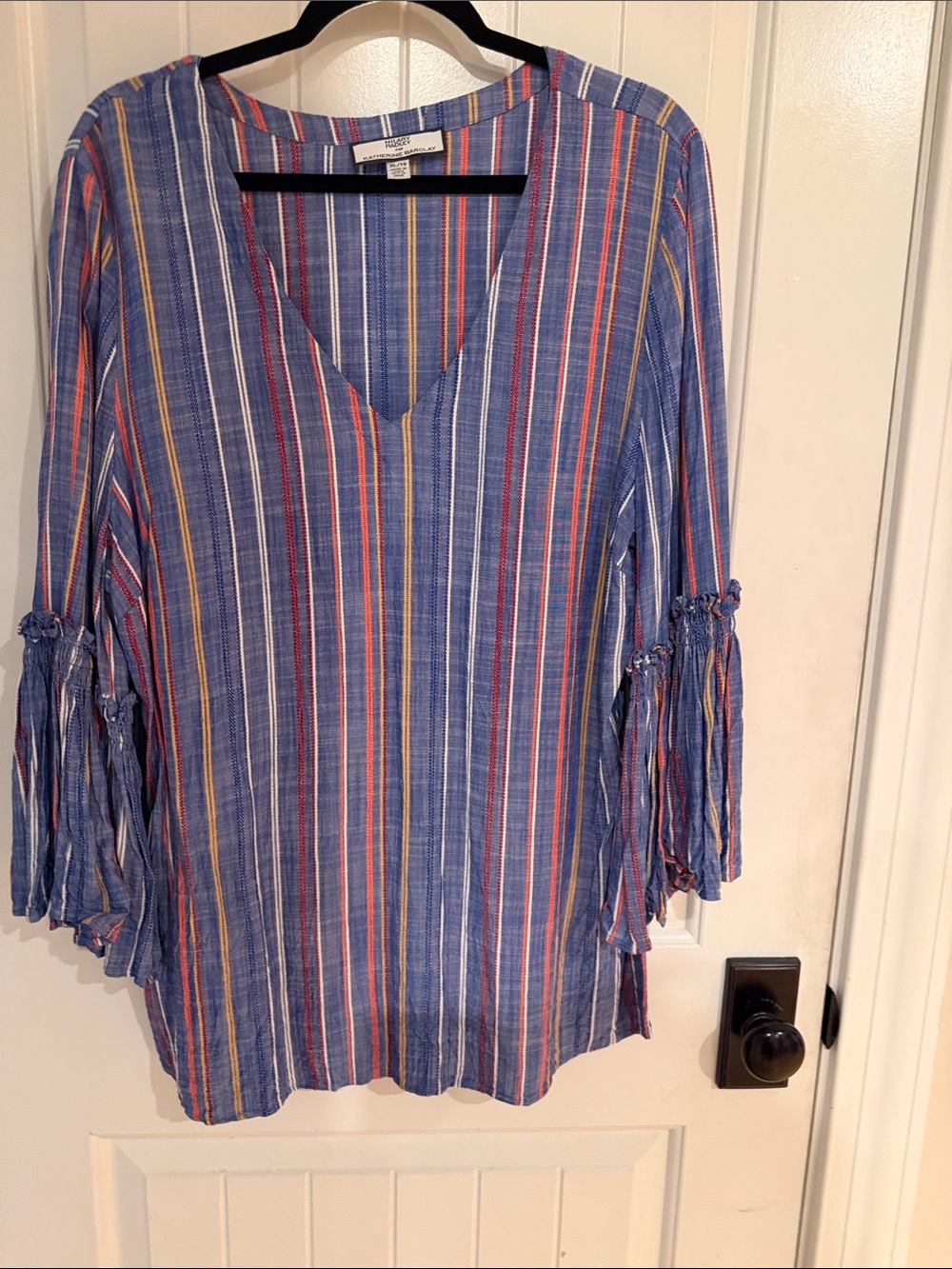 Katherine Barclay Denim Blue Striped V-Neck Bell Sleeve Tunic